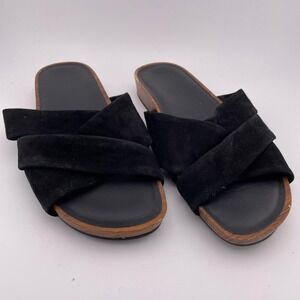 Cole Haan Black Suede Crossover Band Slide Sandals Wood Look Heel Size 8.5B